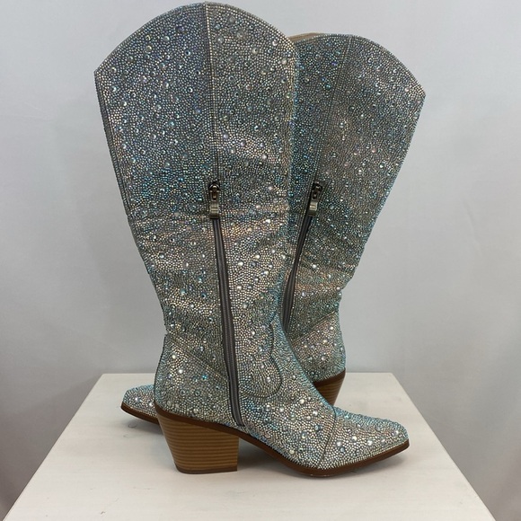 NWOT Rhinestone Cowgirl Boots  Sparkly Knee High Cowboy Boots Chunky Heel - Picture 2 of 9